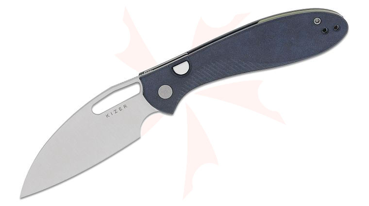 Kizer Cutlery Vanguard Caleb Waldman Masu Button Liner Lock Folding Knife 3.42 inch 14C28N Satin Drop Point Blade, Blue Canyon Richlite Handles, Reversible Clip