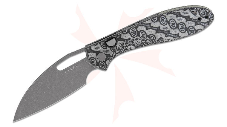 Kizer Cutlery Vanguard Caleb Waldman Masu Button Liner Lock Folding Knife 3.42 inch 14C28N Gray PVD Drop Point Blade, Gray Vortex Pattern Micarta Handles, Reversible Clip