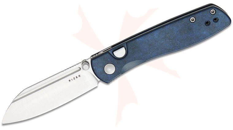 Kizer Cutlery Vanguard Caleb Waldman Renissance Button Liner Lock Folding Knife 3.05 inch N690 Satin Sheepsfoot Blade, Blue Richlite Handles, Reversible Deep Carry Clip