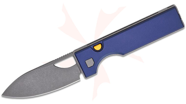 Kizer Cutlery Matija Milovic Little Ringbo Button Liner Lock Folding Knife 2.95 inch AEB-L Gray Stonewashed Drop Point Blade, Blue Aluminum Handles, Reversible Bayonet Clip