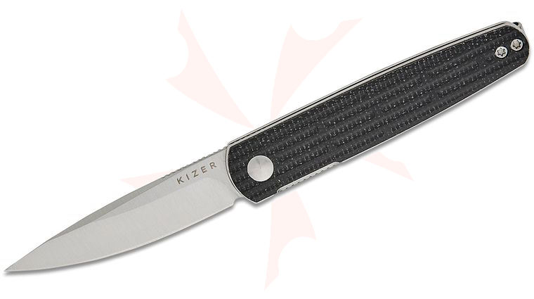 Kizer Cutlery Vanguard Maksim Epifantsev Bamboo Liner Lock Front Flipper Knife 2.99 inch Nitro-V Satin Drop Point Blade, Milled Black Micarta Handles, Reversible Clip