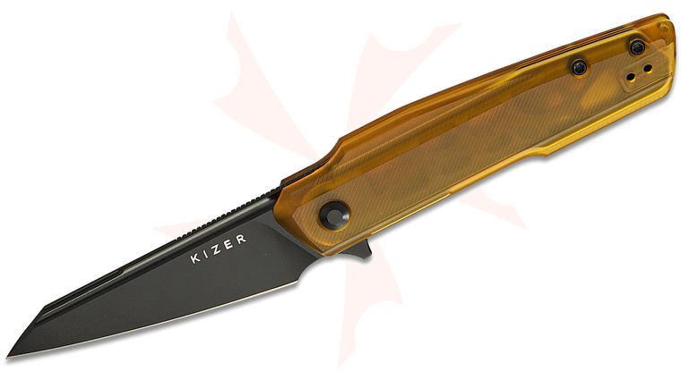 Kizer Cutlery Maciej Torbe Skinner Flipper Knife 3.32 inch Nitro-V Black PVD Reverse Tanto Blade, Ultem (PEI) Handles