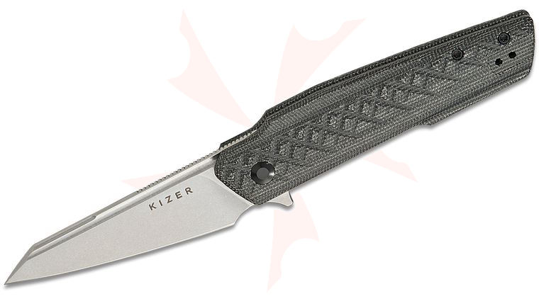 Kizer Cutlery Maciej Torbe Skinner Flipper Knife 3.32 inch Nitro-V Stonewashed Reverse Tanto Blade, Black Micarta Handles