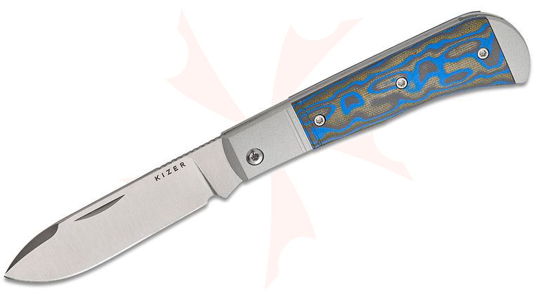 Kizer Cutlery Vanguard Azo Trestle D Slipjoint Folding Knife 2.95 inch Nitro-V Satin Drop Point Blade, Gray Aluminum Handles with Blue Vortex Micarta Inlays