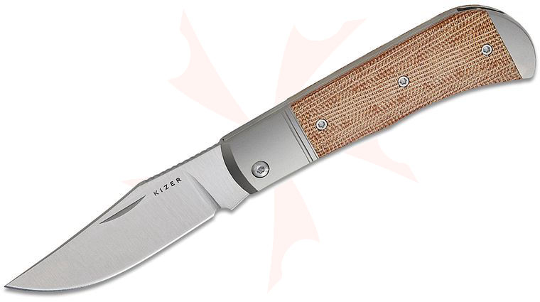 Kizer Cutlery Vanguard Azo Trestle Slipjoint Folding Knife 2.9 inch 14C28N Satin Clip Point Blade, Gray Titanium Handles with Brown Micarta Inlays