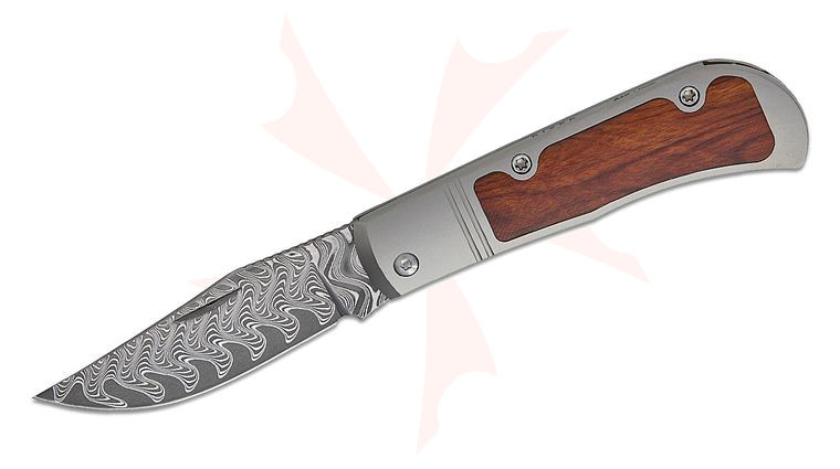 Kizer Cutlery Vanguard Azo Trestle Slipjoint Folding Knife 2.9 inch Damascus Clip Point Blade, Gray Titanium Handles with Mkuruti Wood Inlays
