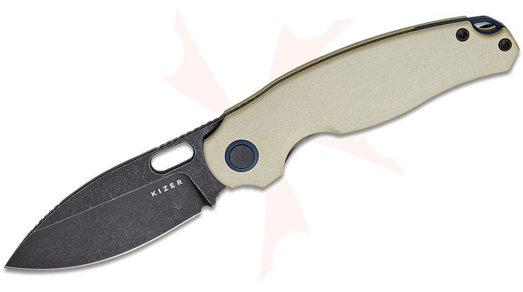 Kizer Cutlery Seagull Liner Lock Front Flipper Knife 2.9 inch 14C28N Black Stonewashed Drop Point Blade, Tan Aluminum Handles