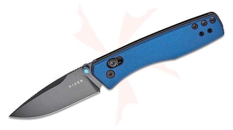 Kizer Cutlery Vanguard Aegis Clutch Lock Folding Knife 2.8 inch AEB-L Black DLC Drop Point Blade, Blue Aluminum Handles with Toothpick and Tweezers, Reversible Deep Carry Clip