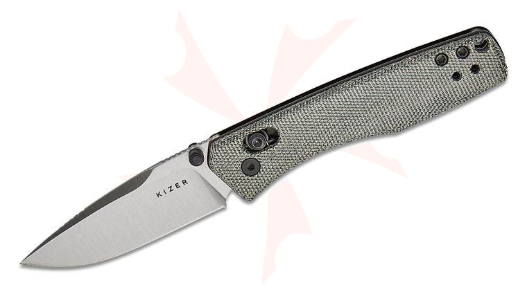 Kizer Cutlery Vanguard Aegis Clutch Lock Folding Knife 2.8 inch AEB-L Satin Drop Point Blade, Black Micarta Handles with Toothpick and Tweezers, Reversible Deep Carry Clip