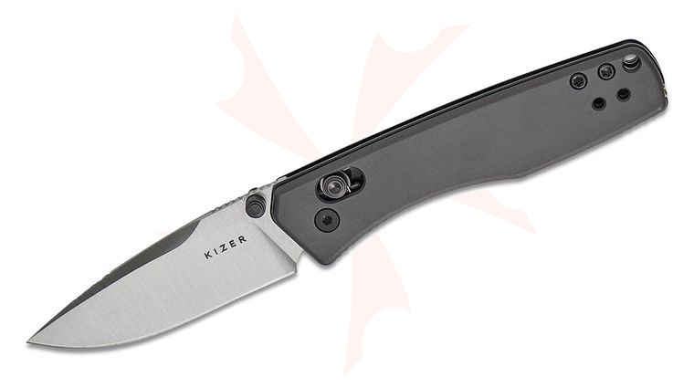 Kizer Cutlery Vanguard Aegis Clutch Lock Folding Knife 2.8 inch AEB-L Satin Drop Point Blade, Gray Aluminum Handles with Toothpick and Tweezers, Reversible Deep Carry Clip