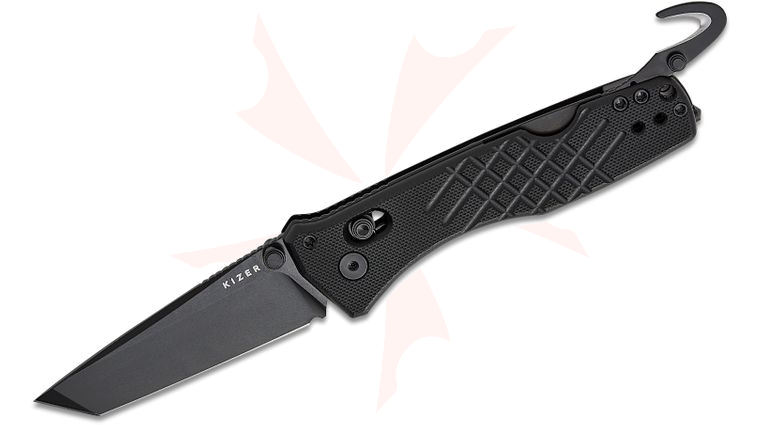 Kizer Cutlery Vanguard Aegis T Clutch Lock Rescue Folding Knife 3.21 inch AEB-L Black PVD Tanto Blade, Black G10 Handles with Toothpick and Tweezers, Glass Breaker and Safety Cutter