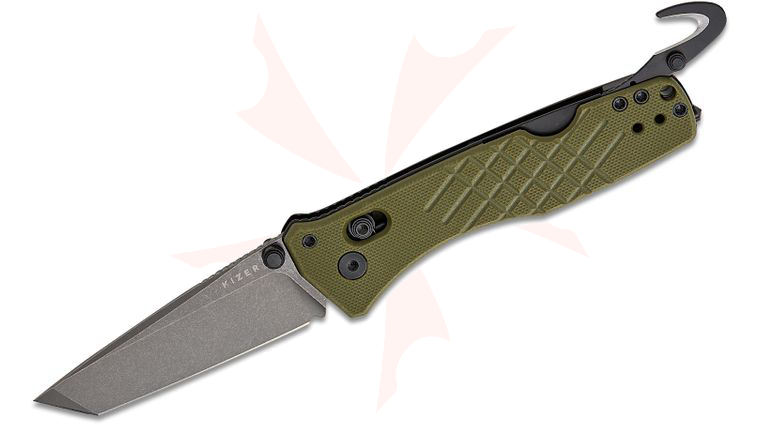 Kizer Cutlery Vanguard Aegis T Clutch Lock Rescue Folding Knife 3.21 inch AEB-L Gray Stonewashed Tanto Blade, Olive Green G10 Handles with Toothpick and Tweezers, Glass Breaker and Safety Cutter