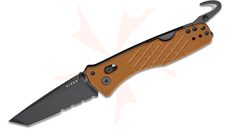 Kizer Cutlery Vanguard Aegis T Clutch Lock Rescue Folding Knife 3.21 inch AEB-L Black PVD Tanto Combo Blade, Brown G10 Handles with Toothpick and Tweezers, Glass Breaker and Safety Cutter