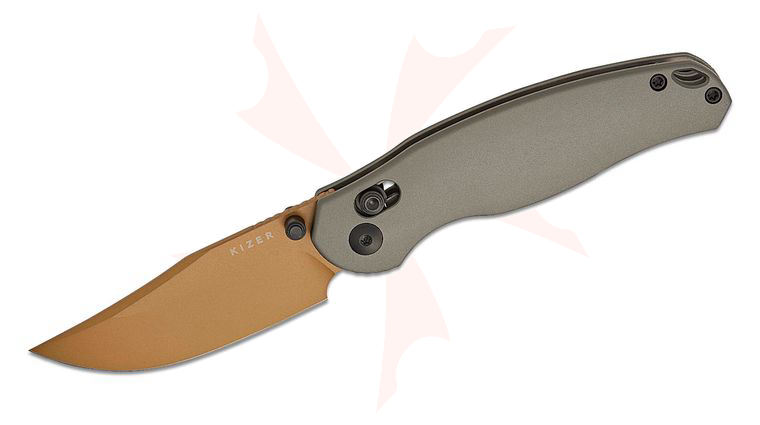 Kizer Cutlery Vanguard Phoca CC Clutch Lock Folding Knife 2.9 inch AEB-L Sunset Metal PVD Clip Point Blade, Gray Aluminum Handles, Deep Carry Clip