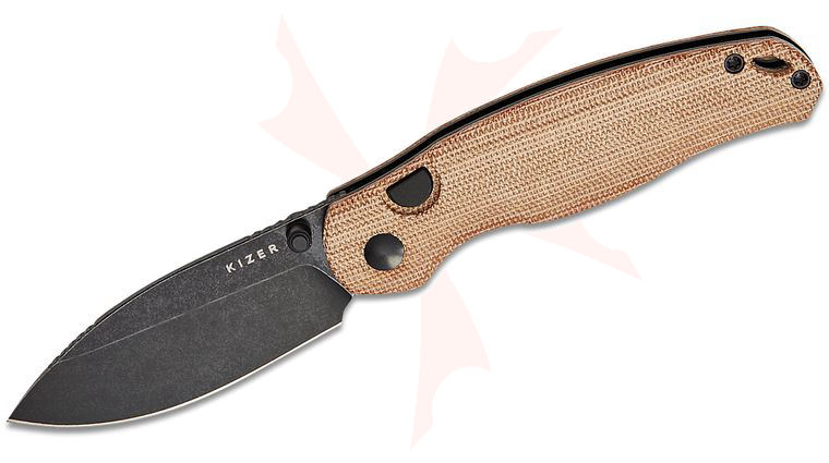 Kizer Cutlery Vanguard Phoca BD Button Liner Lock Folding Knife 2.95 inch 14C28N Black Stonewashed Drop Point Blade, Brown Norplex UltreX Micarta Handles, Deep Carry Clip