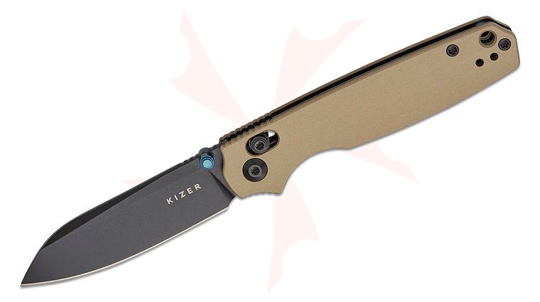 Kizer Cutlery Vanguard Pokiman CS Clutch Lock Folding Knife 3.16 inch AEB-L Black PVD Sheepsfoot Blade, Tan Aluminum Handles, Reversible Deep Carry Clip