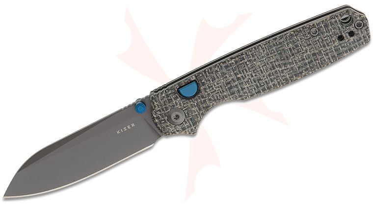 Kizer Cutlery Vanguard Pokiman BLL Button Liner Lock Folding Knife 3.14 inch AEB-L Gray PVD Sheepsfoot Blade, Black Burlap Micarta Handles, Reversible Deep Carry Clip