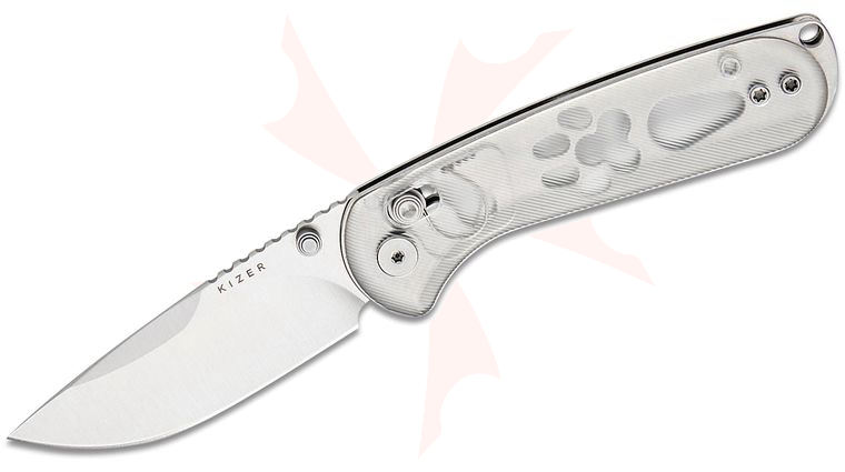 Kizer Cutlery Vanguard Maksim Epifantsev BUDDY II Clutch Lock Folding Knife 2.95 inch AEB-L Satin Drop Point Blade, Clear Acrylic Handles, Reversible Deep Carry Clip