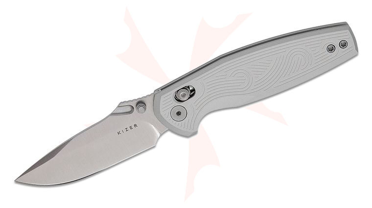 Kizer Cutlery Vanguard Maksim Epifantsev Khamsin Clutch Lock Folding Knife 3.09 inch Nitro-V Satin Drop Point Blade, Silver Machined Aluminum Handles, Reversible Deep Carry Clip