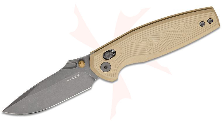 Kizer Cutlery Vanguard Maksim Epifantsev Khamsin Clutch Lock Folding Knife 3.09 inch Nitro-V Gray PVD Stonewashed Drop Point Blade, Sand Machined Aluminum Handles, Reversible Deep Carry Clip
