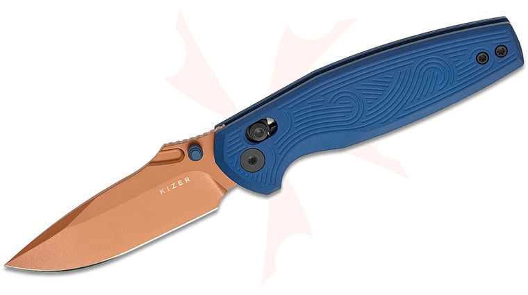 Kizer Cutlery Vanguard Maksim Epifantsev Khamsin Clutch Lock Folding Knife 3.09 inch Nitro-V Sunset Metal PVD Drop Point Blade, Navy Blue Machined Aluminum Handles, Reversible Deep Carry Clip