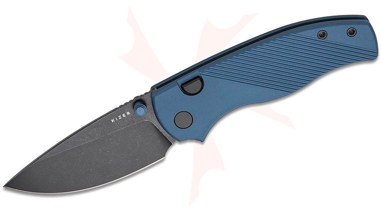 Kizer Cutlery Vanguard Glaux Button Liner Lock Folding Knife 3.02 inch 14C28N Black PVD Stonewashed Drop Point Blade, Machined Ink Blue Aluminum Handles