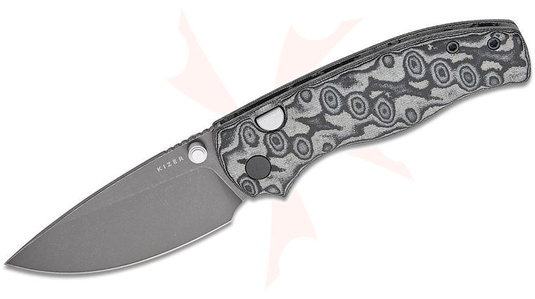 Kizer Cutlery Vanguard Glaux Button Liner Lock Folding Knife 3.02 inch 14C28N Gray PVD Stonewashed Drop Point Blade, Black & White Vortex Pattern Micarta Handles