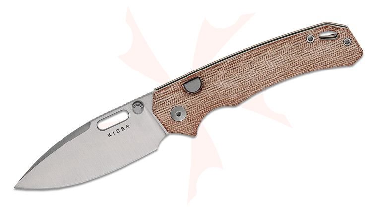 Kizer Cutlery Vanguard Outposter Button Liner Lock Folding Knife 3.29 inch Nitro-V Satin Drop Point Blade, Brown Norplex UltreX Micarta Handles