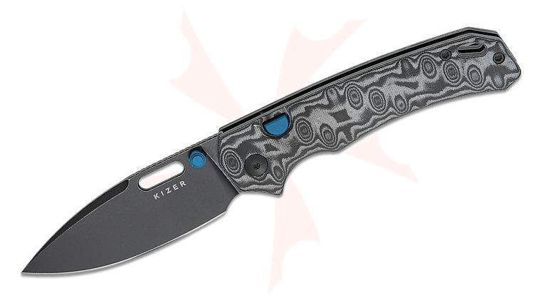 Kizer Cutlery Vanguard Outposter Button Liner Lock Folding Knife 3.29 inch Nitro-V Black PVD Drop Point Blade, Gray Vortex Pattern Micarta Handles