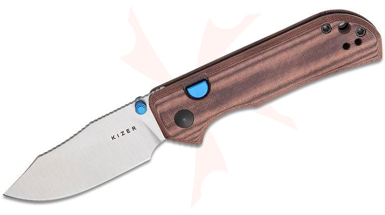 Kizer Cutlery Vanguard Azo Nice Guy Button Liner Lock Folding Knife 2.86 inch AEB-L Satin Clip Point Blade, Brown Madder Norplex UltreX Micarta Handles, Reversible Clip