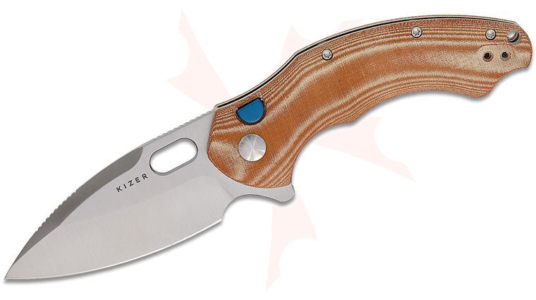 Kizer Cutlery Vanguard Matt Degnan Roach XL Button Liner Lock Flipper Knife 3.5 inch 14C28N Satin Drop Point Blade, Brown Norplex UltreX Micarta Handles, Reversible Clip