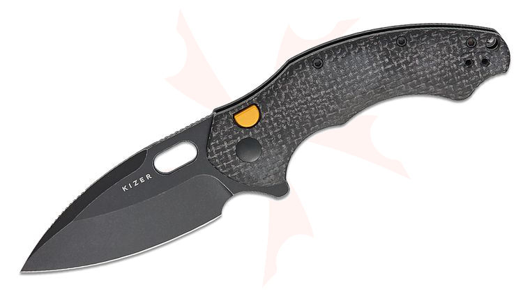 Kizer Cutlery Vanguard Matt Degnan Roach XL Button Liner Lock Flipper Knife 3.5 inch 14C28N Black PVD Stonewashed Drop Point Blade, Black Micarta Handles, Reversible Clip
