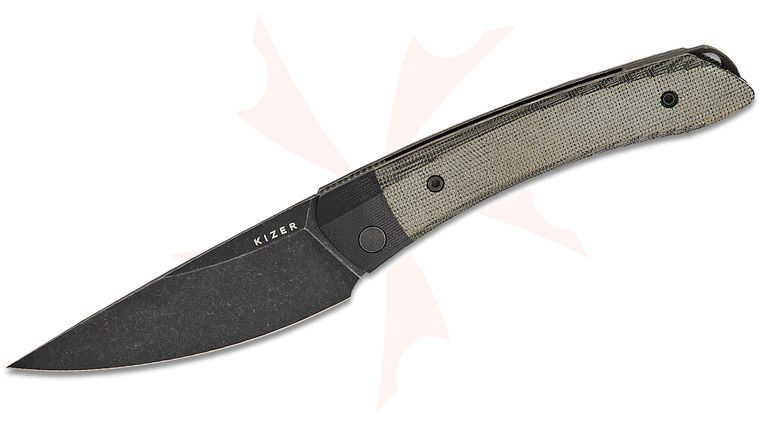 Kizer Cutlery Vanguard Vladimir Legachev Momo Liner Lock Front Flipper Knife 4.11 inch Nitro-V Black Drop Point Blade, Black Micarta Handles with Black G10 Bolsters
