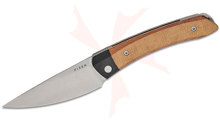 Kizer Cutlery Vanguard Vladimir Legachev Momo Liner Lock Front Flipper Knife 4.11 inch Nitro-V Satin Drop Point Blade, Natural Micarta Handles with Black G10 Bolsters