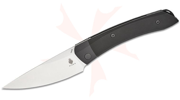 Kizer Cutlery Vanguard Vladimir Legachev Momo Liner Lock Front Flipper Knife 4.17 inch 154CM Satin Drop Point Blade, Black Aluminum Handles