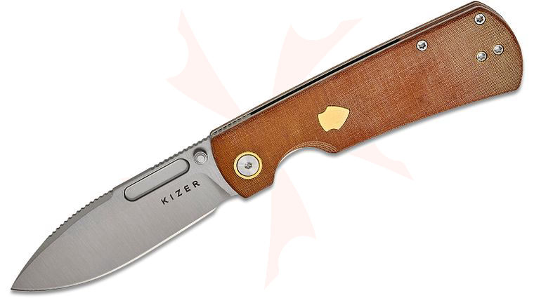 Kizer Cutlery Vanguard Johan Jordaan Retro Traditional Liner Lock Front Flipper Knife 3.54 inch Nitro-V Satin Drop Point Blade, Khaki Micarta Handles with Brass Collars and Shields, Reversible Clip
