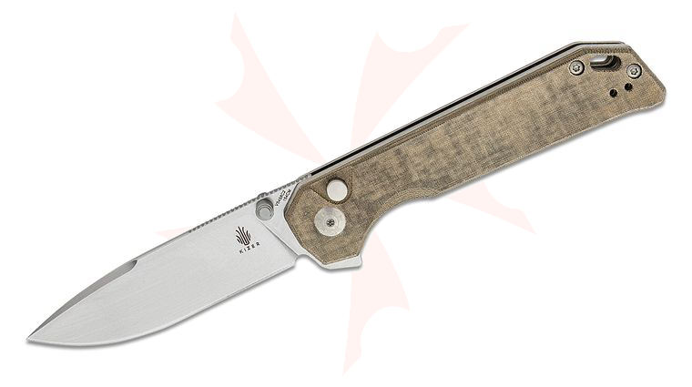 Kizer Cutlery Vanguard Begleiter (XL) Button Lock Folding Knife 3.91 inch 154CM Stonewashed Blade,  Green Micarta Handles