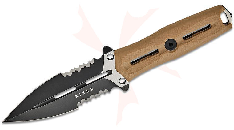 Kizer Cutlery X-Series NORCROSS Fixed Blade Knife 4.09 inch Nitro-V Black PVD Two-Tone Double Combo Edge Spear Point Blade, Tan G10 Handles, Ceramic Ball Glass Breaker, Kydex Sheath