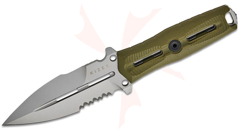 Kizer Cutlery X-Series NORCROSS Fixed Blade Knife 4.09 inch Nitro-V Stonewashed Double Edge Spear Point Blade, Olive Green G10 Handles, Ceramic Ball Glass Breaker, Kydex Sheath