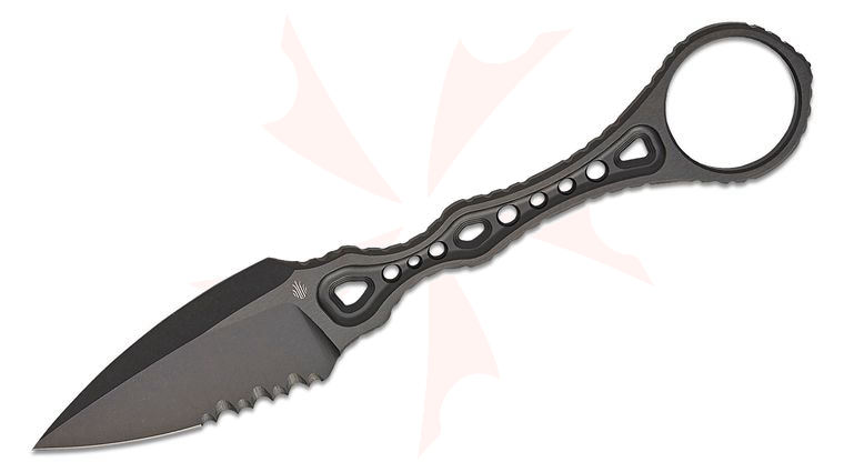 Kizer Cutlery Premium X-Series Defensor Fixed Blade Knife 2.6 inch M390 Black DLC-Ultra Single Edge Spear Point Combo Blade and Skeletonized Handle with Pinky Ring, Ceramic Ball Glass Breaker, Kydex Sheath