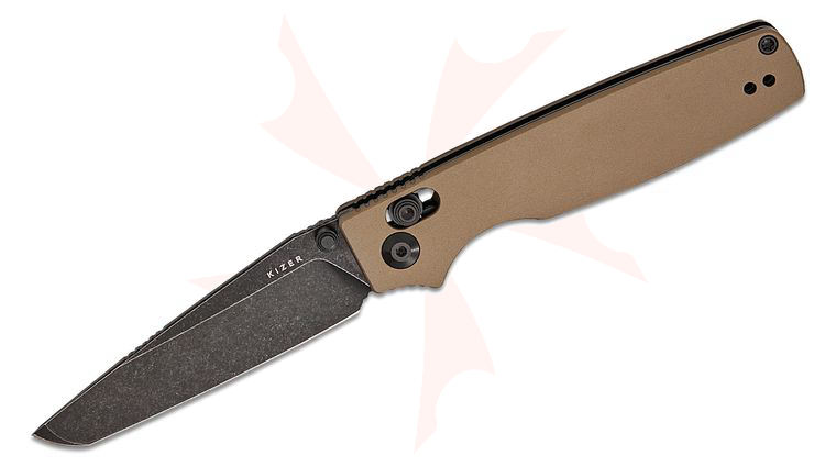 Kizer Cutlery Vanguard Original 2 Clutch Lock Folding Knife 3.2 inch 14C28N Black Stonewashed Tanto Blade, Sand Aluminum Handles, Reversible Deep Carry Clip
