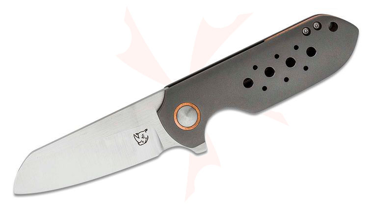 KM Designs Custom Drei Konig Flipper Knife 3 inch CPM-154 Satin Sheepsfoot Blade, Blasted Milled Titanium Handles, Copper Accents