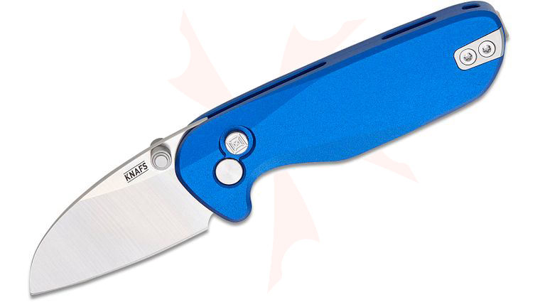 Knafs Co. O.C.T. Button Lock Folding Knife 1.89 inch 14C28N Satin Wharncliffe Blade, Blue Anodized Aluminum Handles