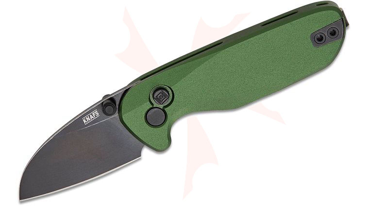 Knafs Co. O.C.T. Button Lock Folding Knife 1.89 inch 14C28N Black Stonewashed Wharncliffe Blade, Green Anodized Aluminum Handles