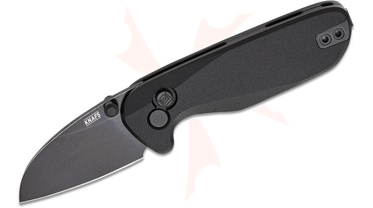 Knafs Co. O.C.T. Button Lock Folding Knife 1.89 inch 14C28N Black Stonewashed Wharncliffe Blade, Black Anodized Aluminum Handles