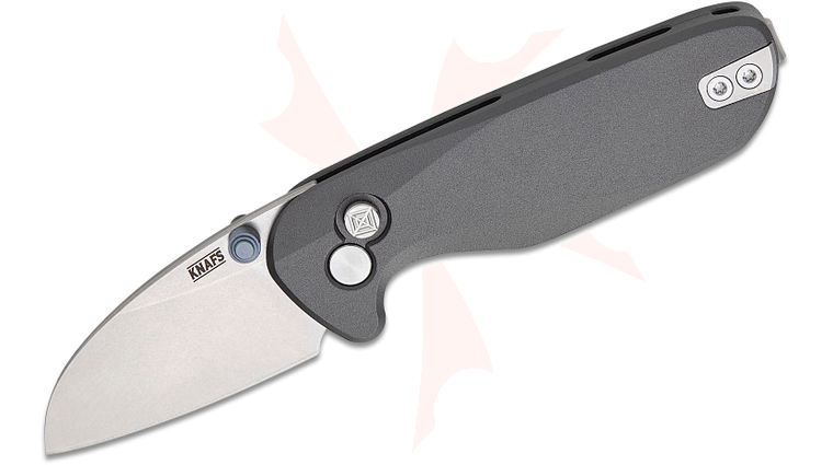 Knafs Co. O.C.T. Button Lock Folding Knife 1.89 inch S35VN Stonewash Wharncliffe Blade, Gray Anodized Aluminum Handles - KnifeCenter Exclusive
