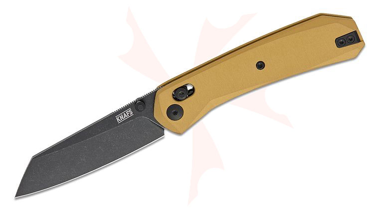 Knafs Co. Lander 2 Clutch Lock Folding Knife 3.25 inch Elmax Black Stonewashed Reverse Tanto Blade, Gold Aluminum Handles