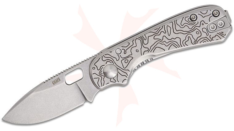 Knafs Co. Lander 5 Frame Lock Folding Knife 2.2 inch Stonewashed Drop Point Blade, Stonewashed Topographic Steel Handles