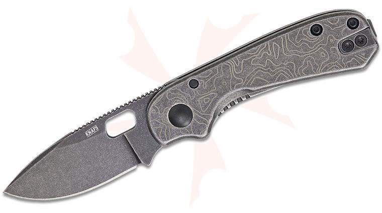 Knafs Co. Lander 5 Frame Lock Folding Knife 2.2 inch Black Stonewashed Drop Point Blade, Black Stonewashed Topographic Steel Handles