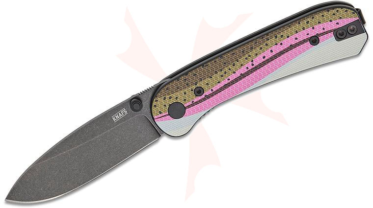 Knafs Co. Lander 1 Folding Knife 2.75 inch D2 Black Stonewashed Drop Point Blade,  inchRainbow Trout inch G10 Handles